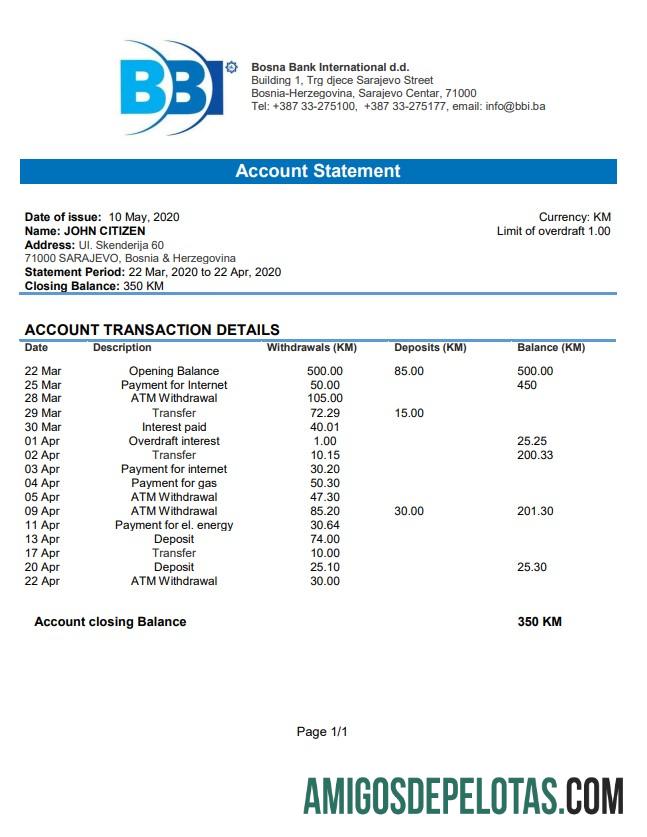 Bosnia And Herzegovina Bosna Bank International extrato bancário amostra